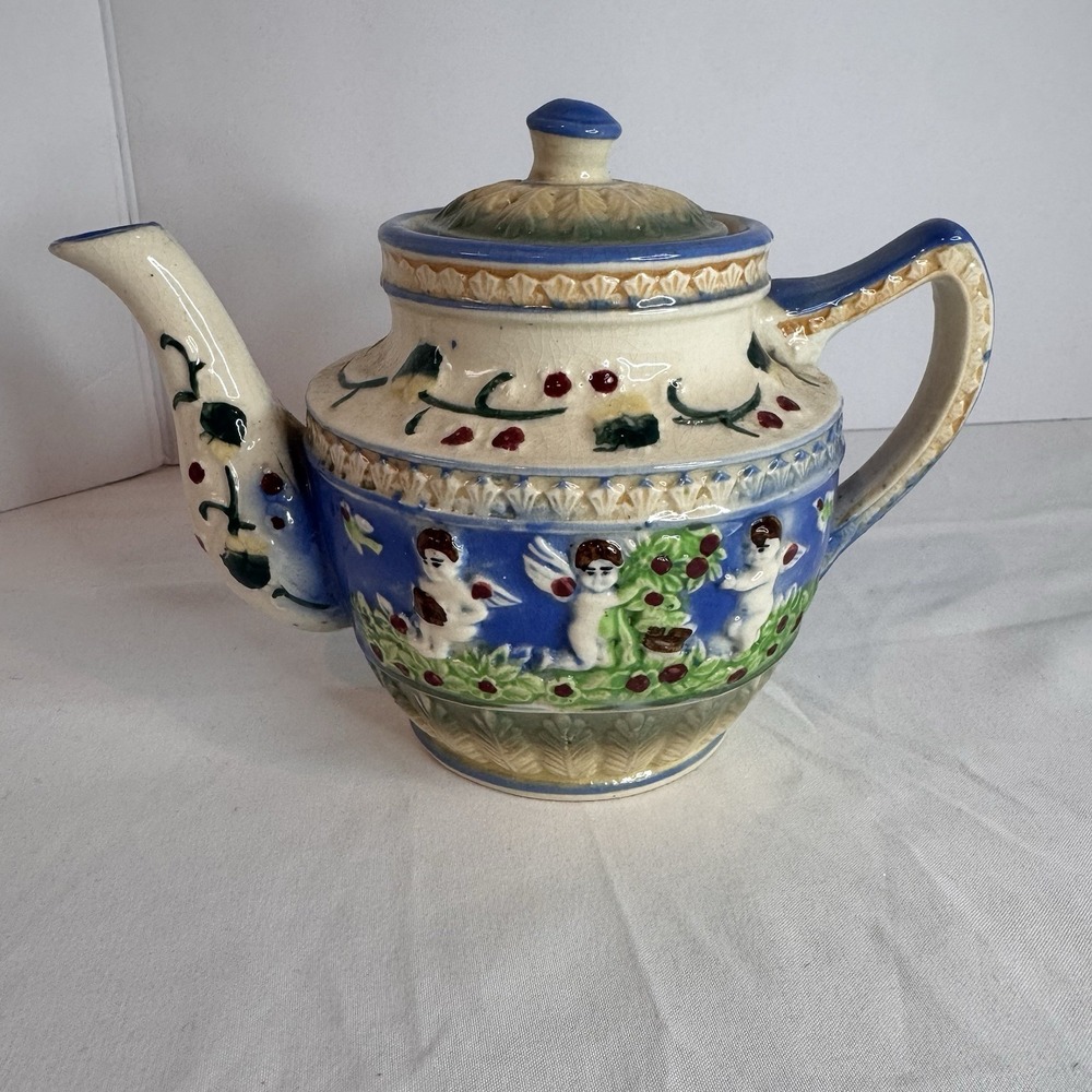 Vintage Japanese Relief Majolica‎ Glazed Floral & Cherub Angels Teapot
